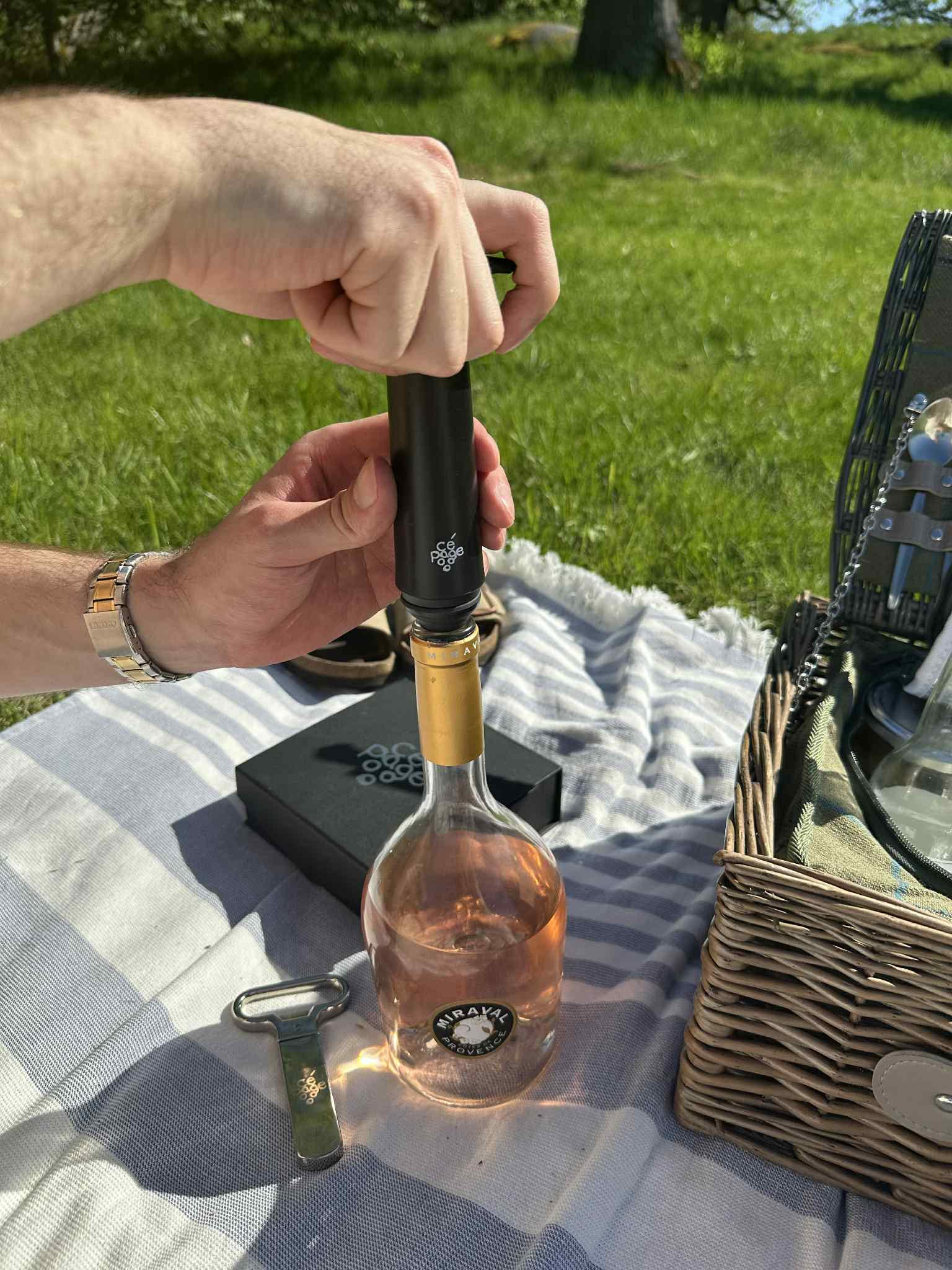 Vakuumförslutare som används för att hålla vin fräscht i en öppnad vinflaska på picnic i naturligt ljus